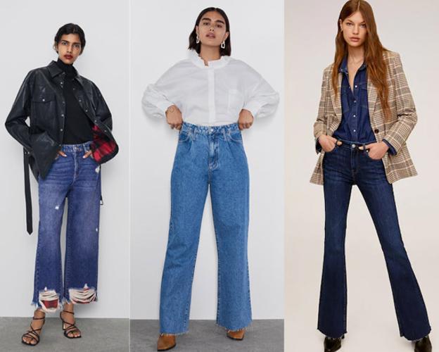 1. Jeans de tiro alto con tejido estampado en el bajo (12,99 euros) /2. Jeans de tiro alto con pliegues delanteros (12,99 euros) /3. Jeans flare de Mango (29,99 euros). 