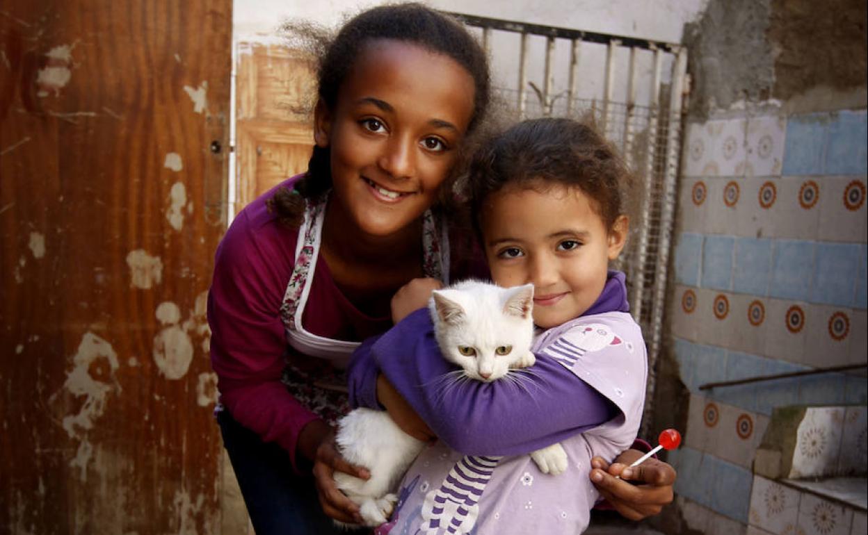 Niños de familias de Valencia, en apuros económicos a causa de la crisis, posan en sus humildes viviendas