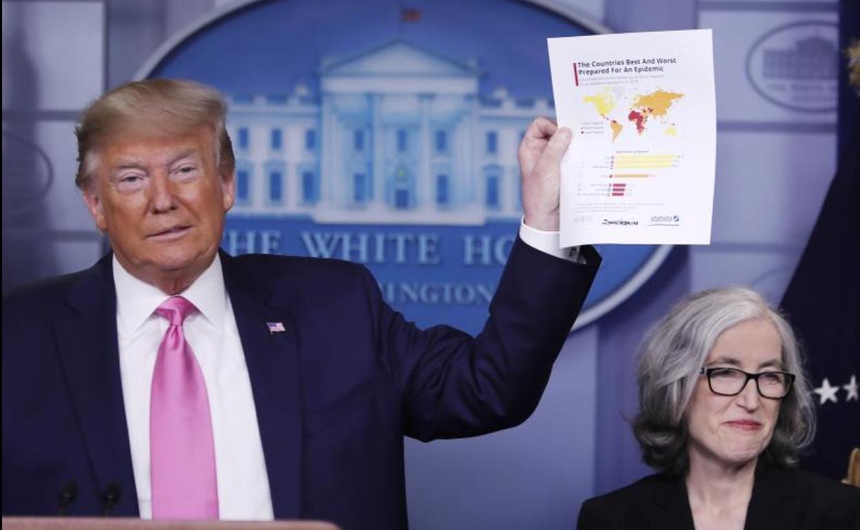 Trump sostiene un informe sobre la epidemia ante periodistas.