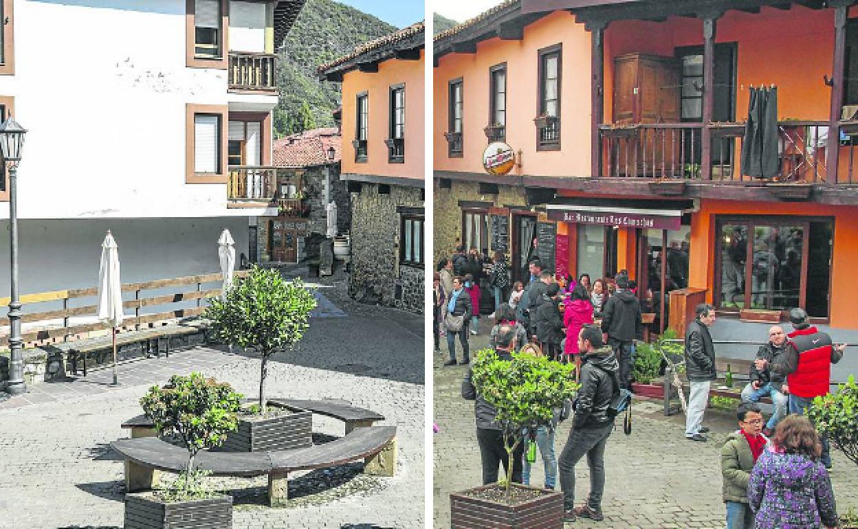 A la derecha, Potes en Semana Santa de 2019. A la izquierda, la misma plaza este año.