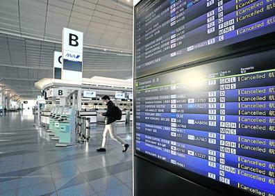 Imagen secundaria 1 - Aparatos de la flota de Lufthansa aparcados en el aeropuerto de Fráncfort por falta de operaciones. | Área de facturación del aeropuerto de Tokio, que decidió hace tres semanas suspender el 90% de sus vuelos. | Sello que informa de un positivo por coronavirus en un control de pasaportes del espacio Schengen.