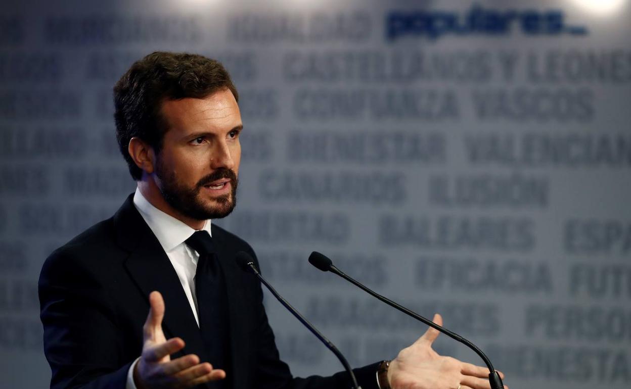 Casado, este lunes, en la primera rueda de prensa presencial en la sede del PP. 