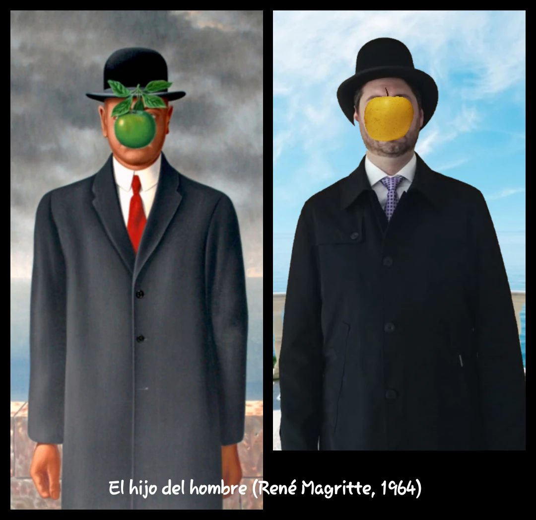 Título del cuadro: ‘El hijo del hombre’. Autor/a: René Magritte. Pintado: 1964. Maestro/a imitador: César Saénz, Maestro de Primaria.