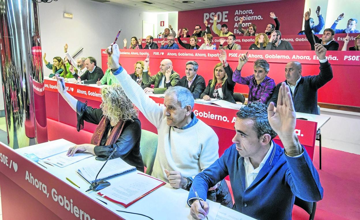 Zuloaga, en la segunda fila, flanqueado por Eduardo Echevarría y Noelia Cobo, durante uno de los últimos comités ejecutivos del PSOE