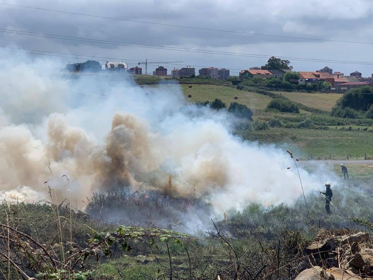 Una quema de rastrojos en Monte se avivó con el azote de fuertes rachas de nordeste, lo que obligó a intervenir a los bomberos de Santander, que sofocaron las llamas que causaron una gran humareda. No ha habido que lamentar daños materiales ni personas,