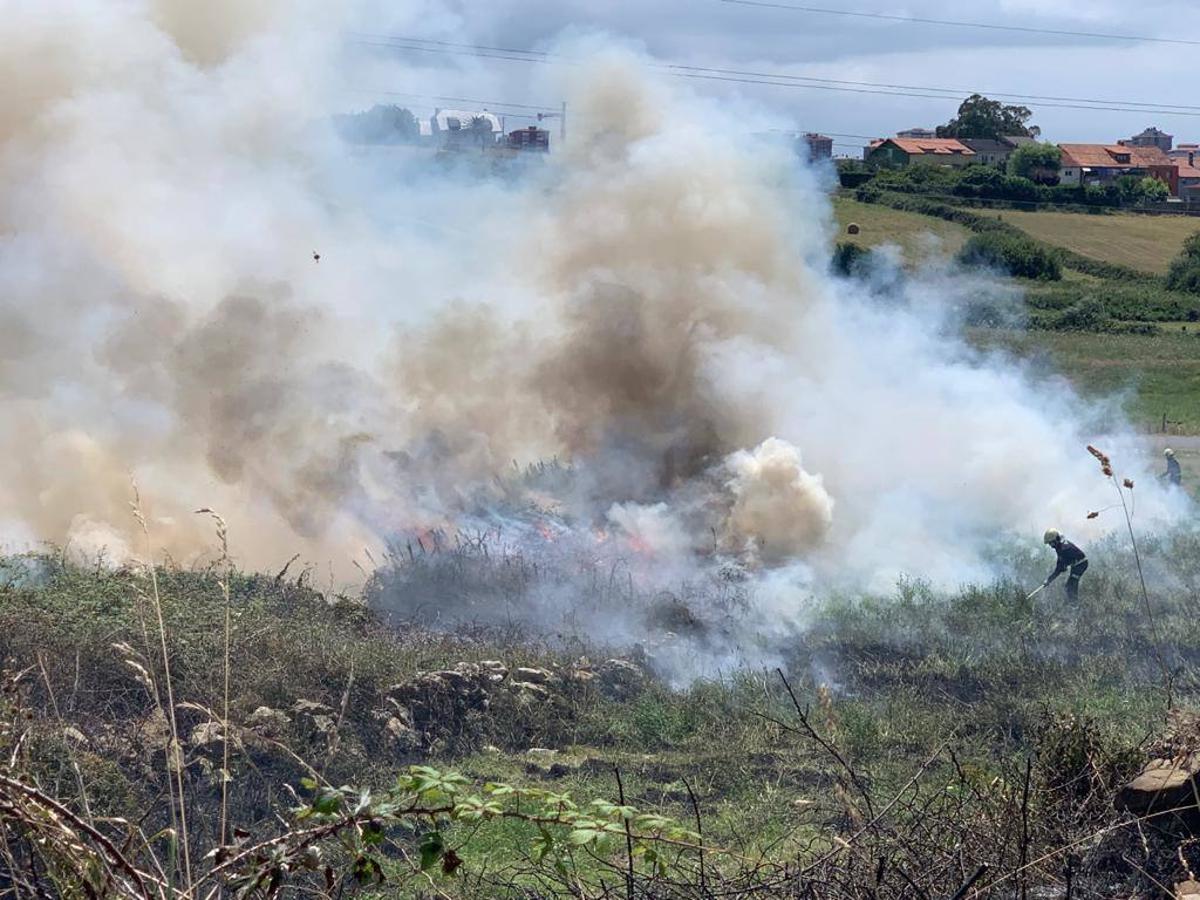 Una quema de rastrojos en Monte se avivó con el azote de fuertes rachas de nordeste, lo que obligó a intervenir a los bomberos de Santander, que sofocaron las llamas que causaron una gran humareda. No ha habido que lamentar daños materiales ni personas,