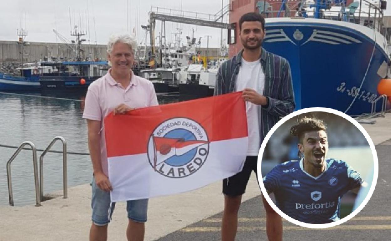 El director deportivo del Laredo posa con la bandera del club junto a Diego Parro. En la imagen redonda, Cristian Toboso.