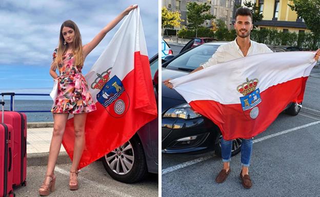 Carla Moro y Javier Poncio posan con la bandera de Cantabria antes de los certámenes. 