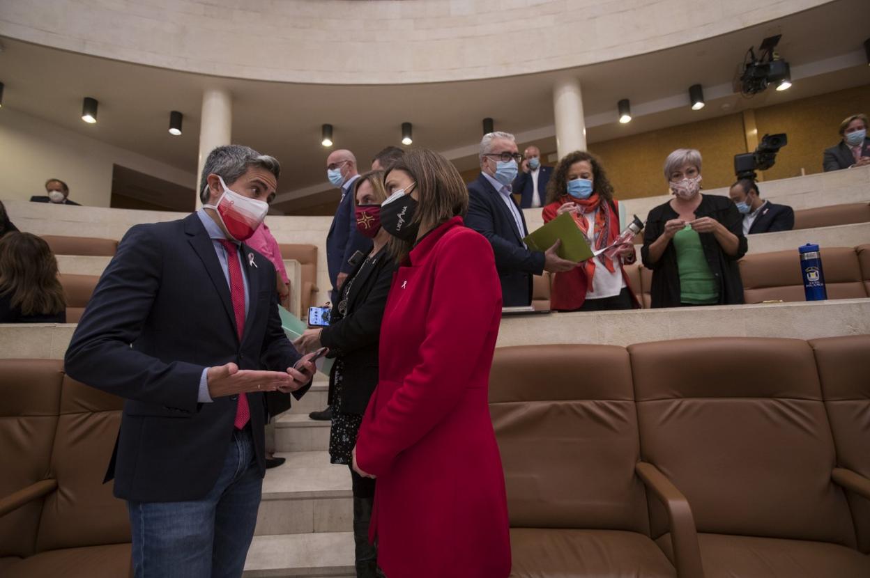 El vicepresidente Zuloaga charla con la consejera de Presidencia, Paula Fernández, antes del pleno. 