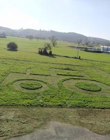 Imagen secundaria 2 - Arriba la concentración de tractores junto al dibujo plasmado en el campo, que se puede ver abajo a la derecha 