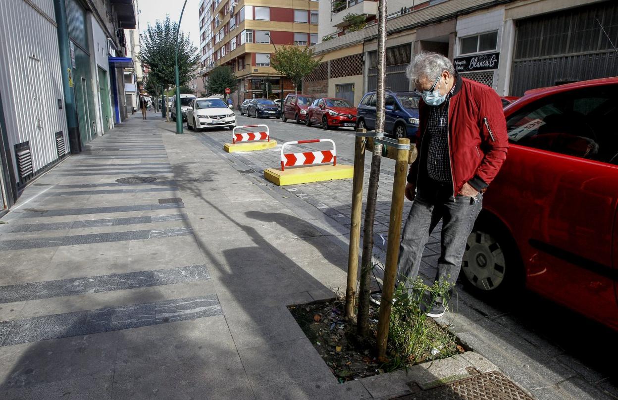 El presidente de la Asociación de Vecinos Río Indiana muestra el entorno de un árbol, convertido en basurero. luis palomeque