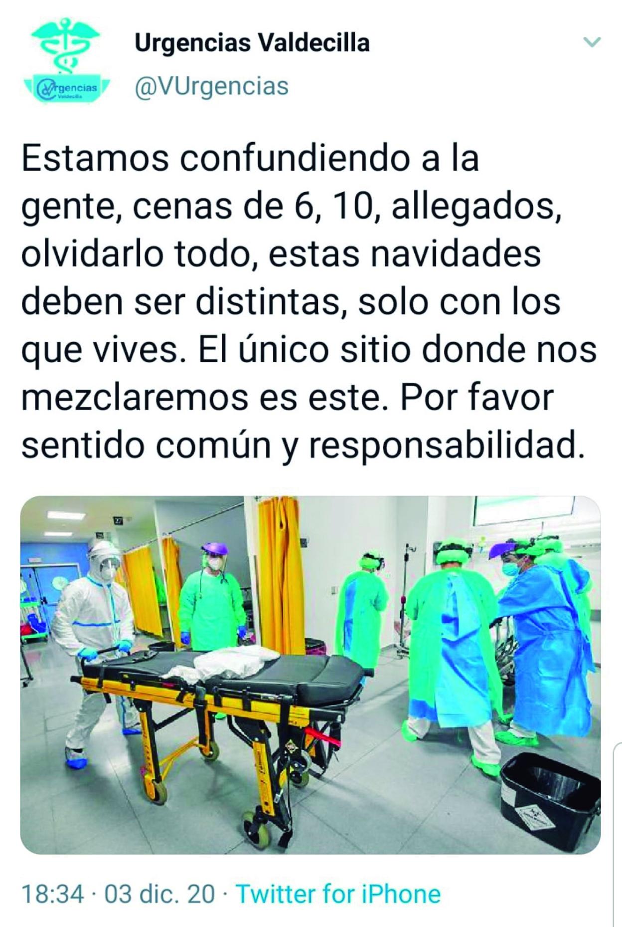 Prudencia. Tuit del Servicio de Urgencias de Valdecilla pidiendo prudencia estas Navidades. 