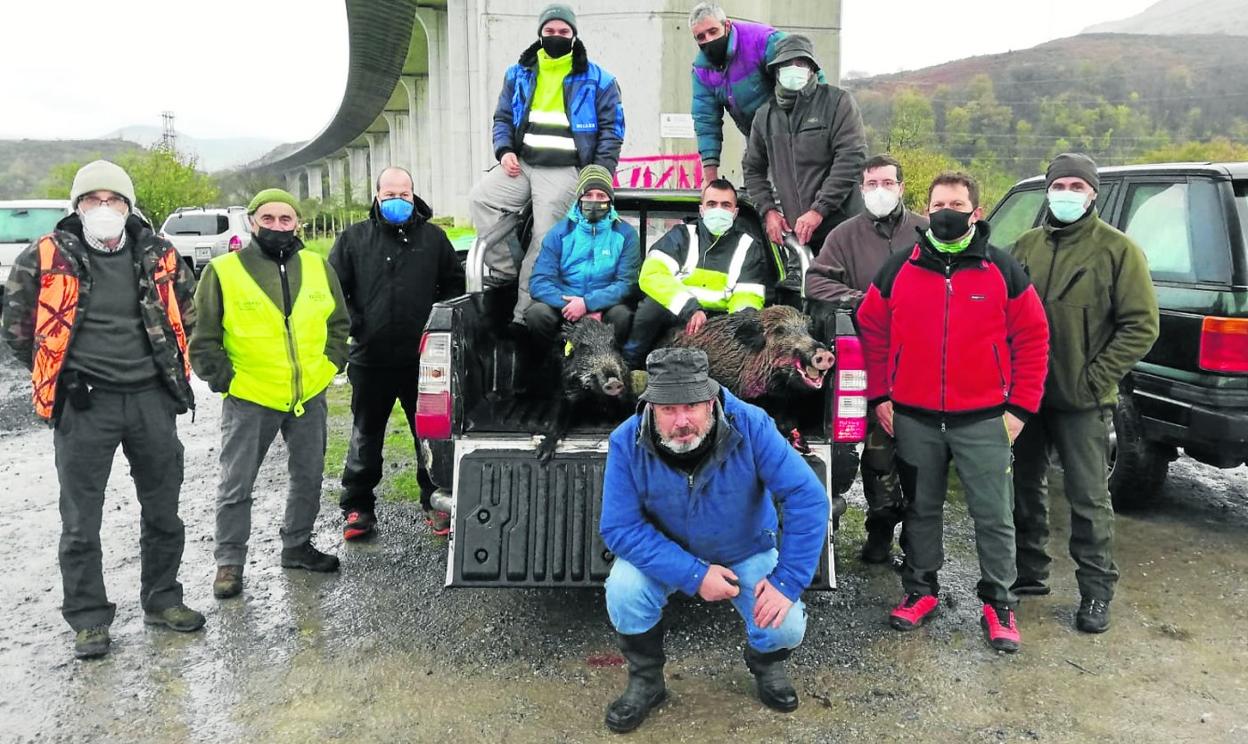 Miembros de la cuadrilla 91, de Molledo, dirigida por Alberto Villegas, con los dos jabalíes abatidos el sábado en el lote de Cieza Sur.