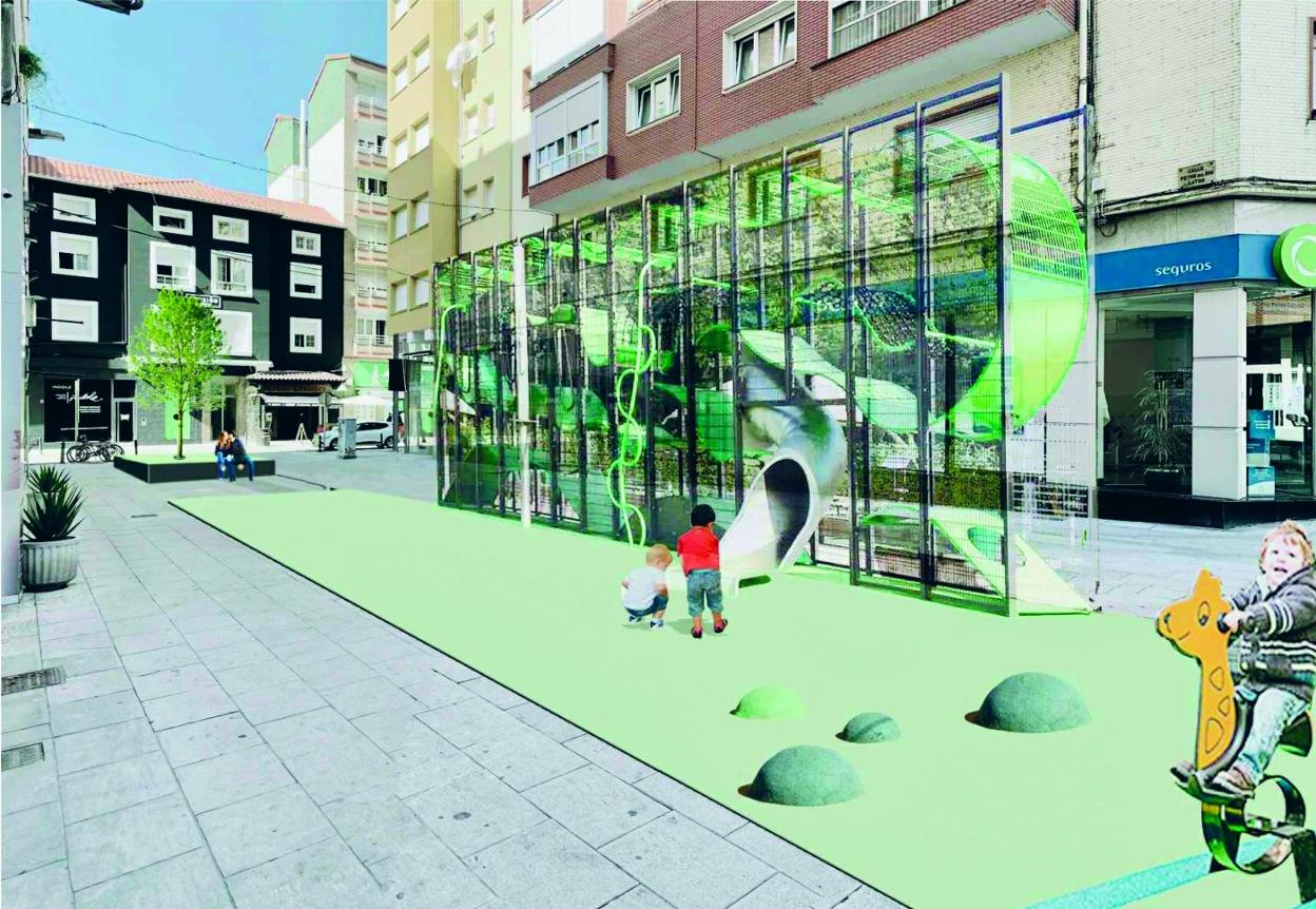 Recreación de la zona con los nuevos elementos de juegos para niños en la parte central de la plaza. 