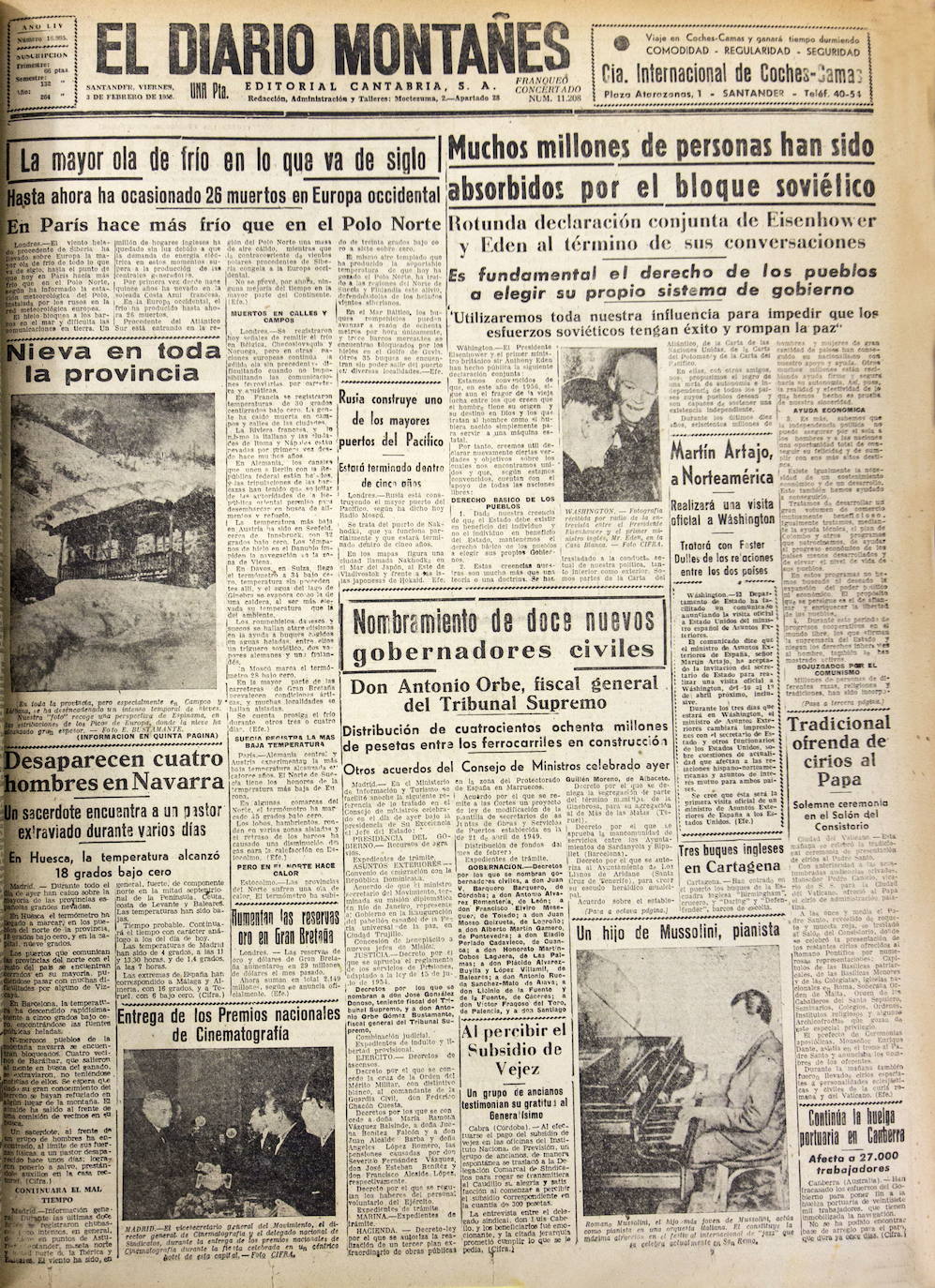 Portada de El Diario Montañés del 2 de febrero de 1956 anunciando la mayor ola de frío del siglo.