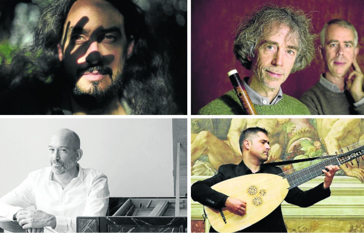 Arriba el violinista Jorge Jiménez y los hermanos Marc & Pierre Hantaï. Abajo, el clavecinista Keneth Weiss y Josías Rodríguez