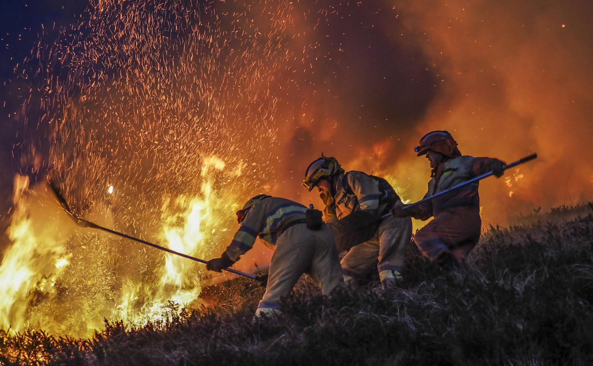 Una cuadrilla de bomberos forestales de Cantabria lucha contra un incendio a base de paladas. 