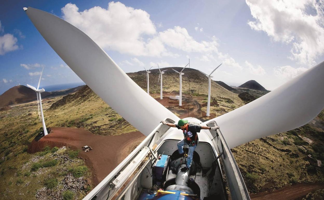 Un técnico revisa el interior de la turbina en un aerogenerador. 