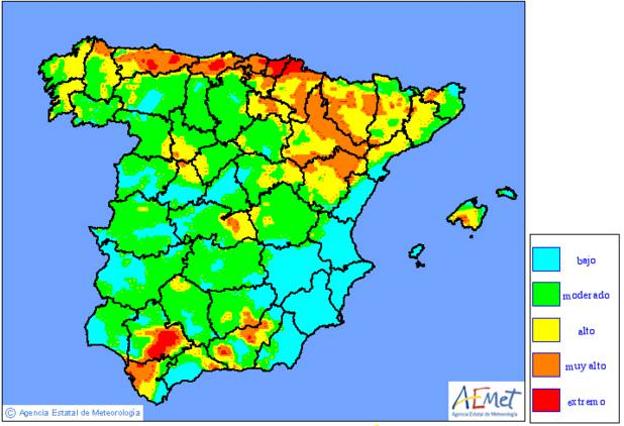 Mapa de los niveles de riesgo de incendios forestales previsto para este martes por Aemet.