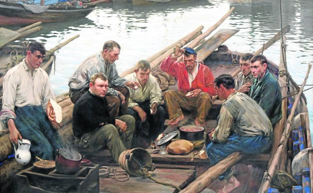 Cuadro 'El pan nuestro de cada día' del pintor asturiano Ventura Álvarez Sala (1871-1919), en el que se capta a unos marineros almorzando. 