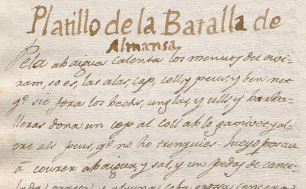 Platillo de la Batalla de Almansa según 'Avisos e instrucciones per un cuiner principiant' (s. XIX).