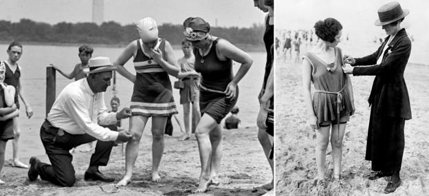 1. El policía de Washington, Bill Norton, que mide la distancia entre la rodilla y el traje en la playa. 2. Mujeres policías verifican la longitud de los trajes de baño (1922). 