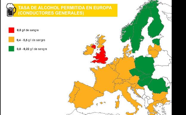 Mapa de la tasa de alcohol permitida en Europa