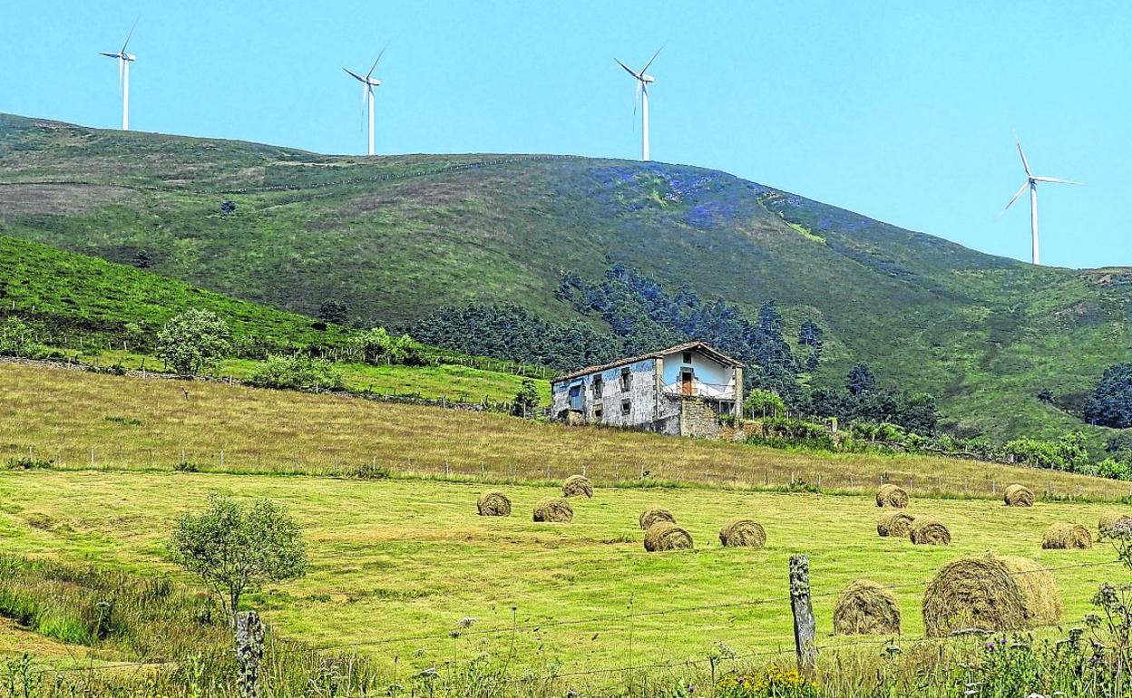 Vista del parque eólico de Cañoneras desde el alto de Los Tornos, en el valle de Soba. 