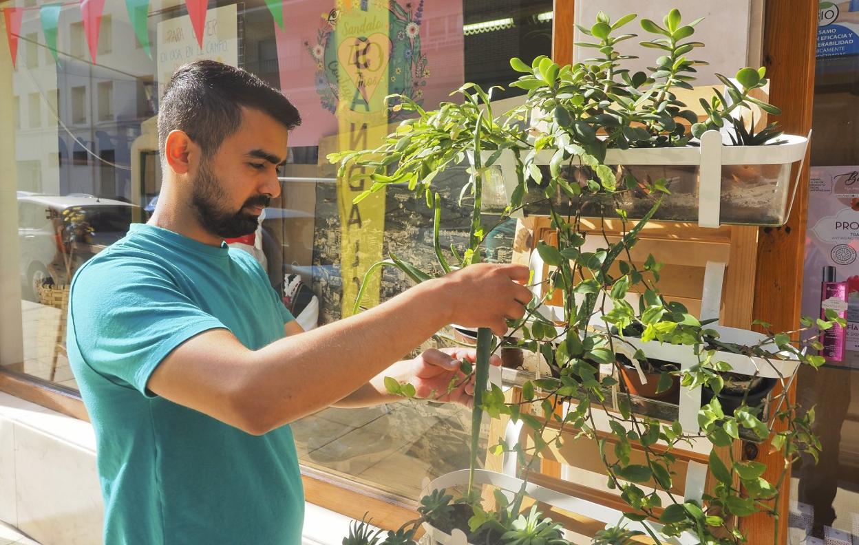 Samir Attah trabajando en la herboristería Sándalo, en Torrelavega. 