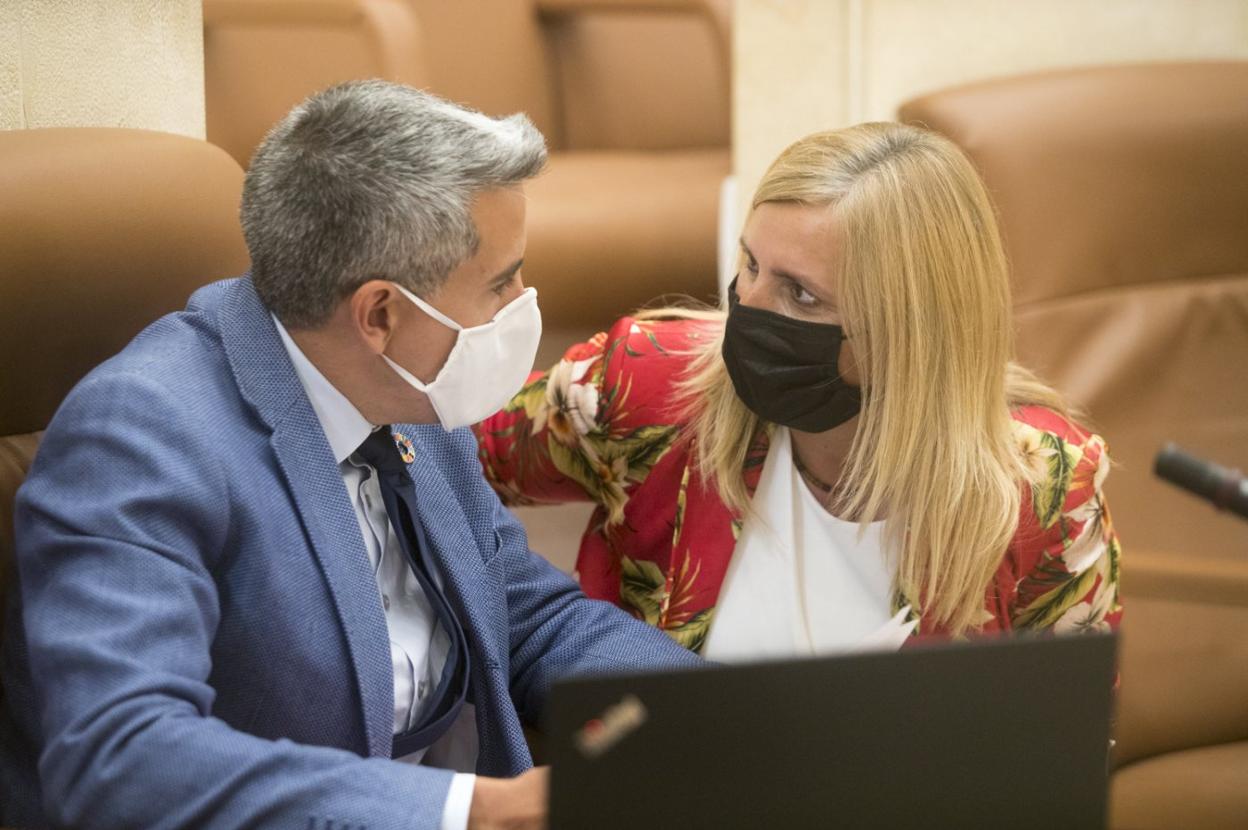 El vicepresidente regional y líder del PSOE, Pablo Zuloaga, en su escaño del Parlamento junto a la portavoz socialista, Noelia Cobo. 