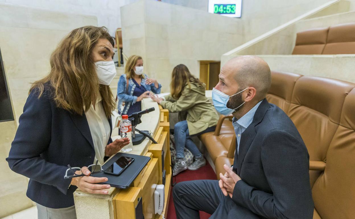 El director general de Salud Pública charla en el Parlamento con Paz de la Cuesta (PSOE), presidenta de la Comisión de Sanidad. 