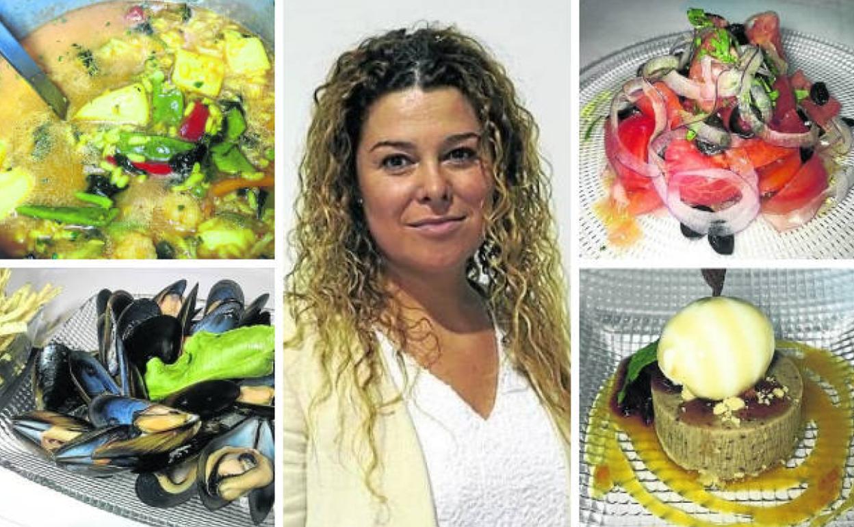 Gema Ruiz es la directora y jefe de sala de El Redoble. En esta imagen junto a varios de los platos que ofrece: arroz con sepia y verduras; ensalada de tomate; mejillones de roca al vapor y pastel de higos con helado.