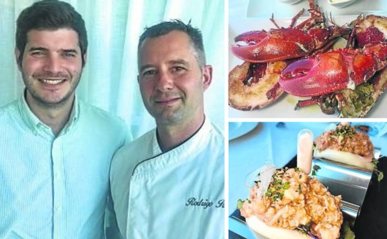 El director del restaurante, Felipe Santillana, y el chef Rodrigo Ruiz junto a dos de los platos que ofrecen en estas jornadas: bogavante a la plancha y bao de bogavante salteado.