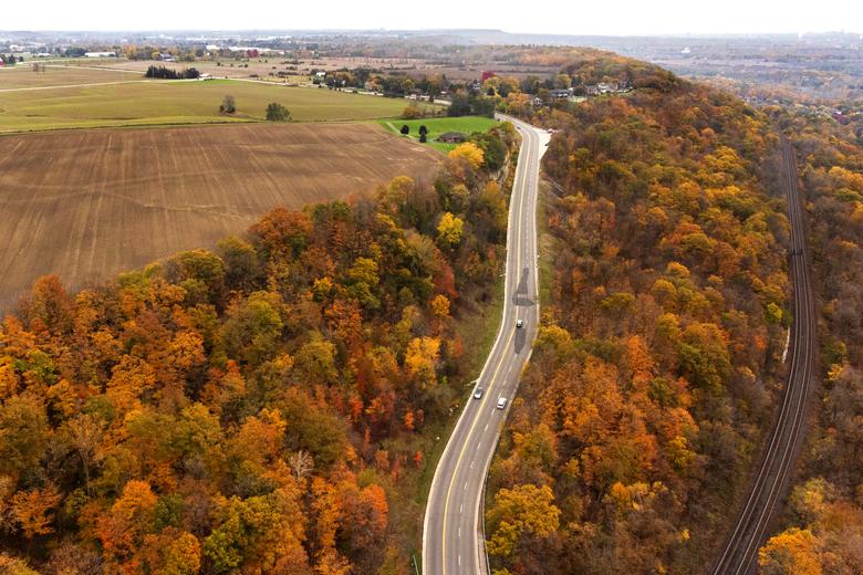 El campo de un agricultor bordea una arboleda con follaje otoñal en n Dundas, Ontario, Canadá, 4 de noviembre de 2021. 