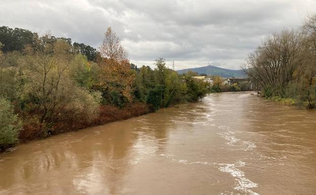 Así baja el Río Besaya a su paso por Sniace este jueves por la mañana, con fuerza pero sin riesgo de desbordamiento.