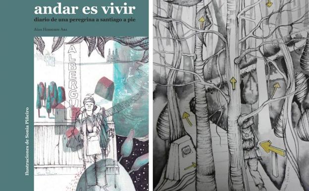 Portada y una ilustración de 'Andar es vivir', con dibujos de la santanderina Sonia Piñeiro.