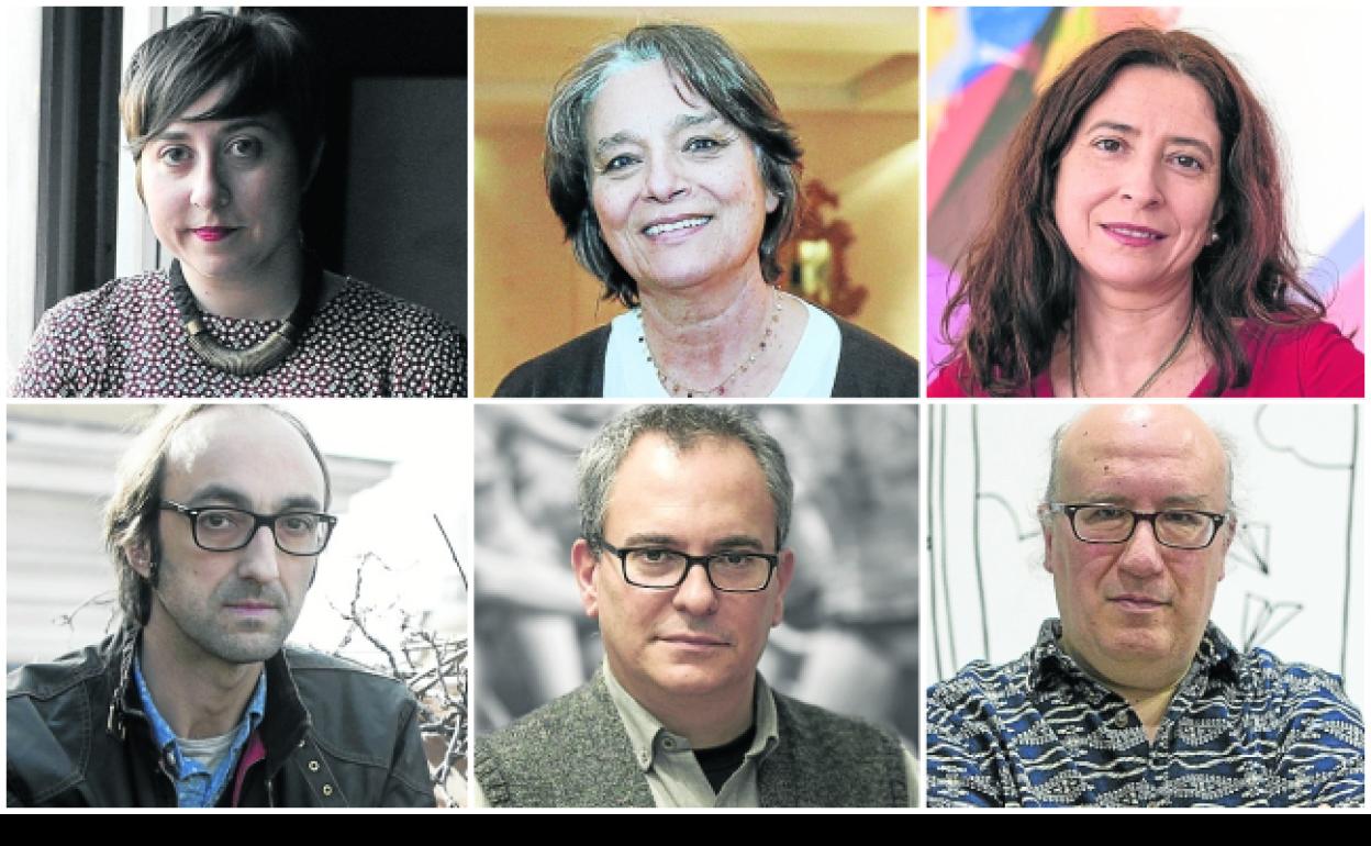 Arriba, Elena Medel, Cristina Cerezales y Ana Merino. Abajo, Agustín Fernández Mallo, Pablo d'Ors y Andrés Ibáñez. 