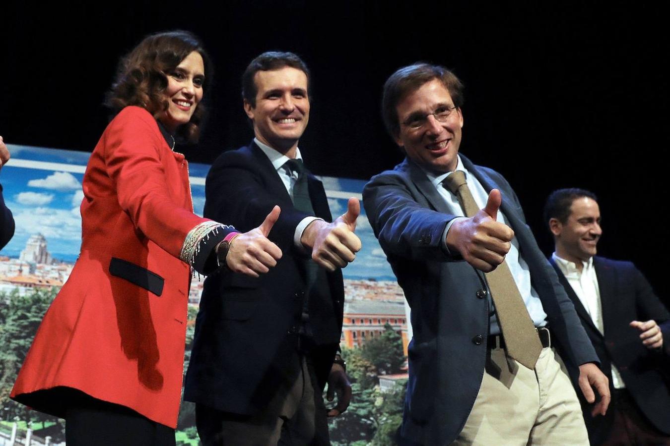 El presidente del PP, Pablo Casado, durante la presentación de sus candidatos a la Comunidad y el Ayuntamiento de Madrid, Isabel Díaz Ayuso y José Luis Martínez-Almeida.