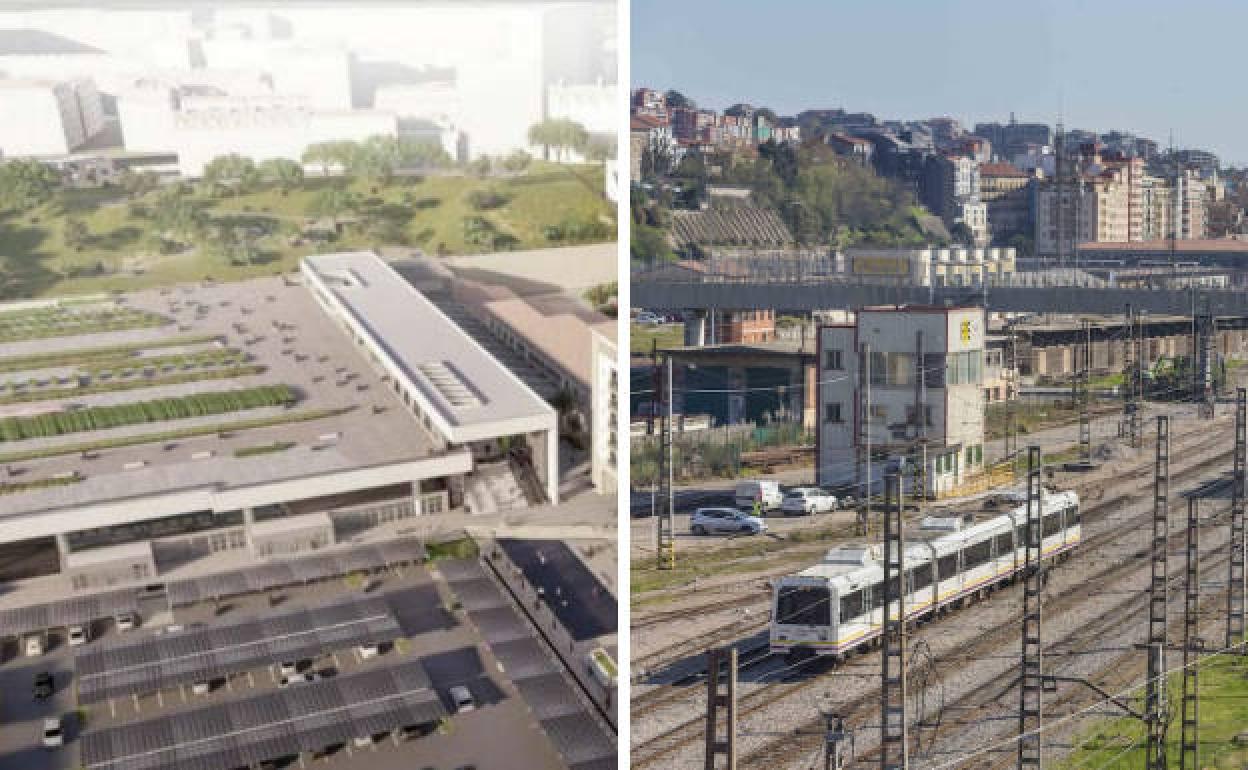 A la izquierda, el proyecto de Adif y a la derecha, estado actual de las vías de Renfe y Feve a su llegada a Santander.