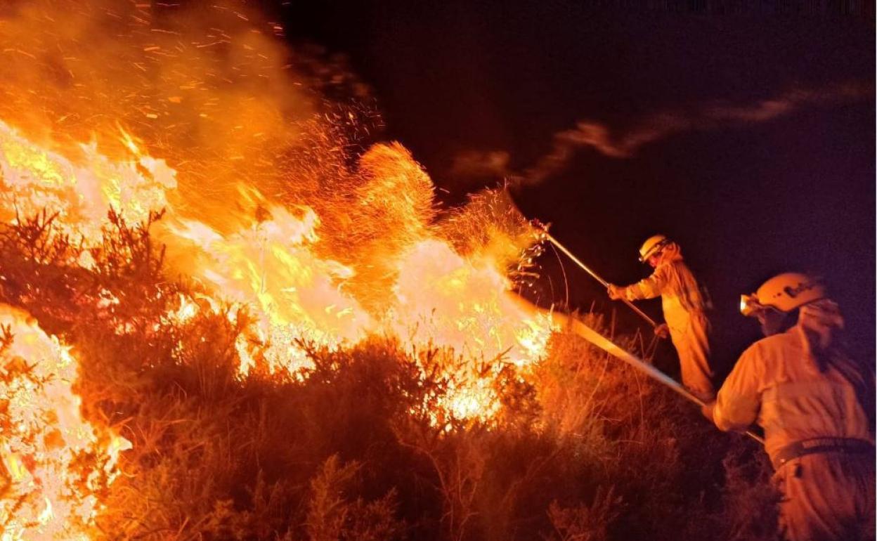 Labores de extinción de un fuego en San pedro del Romeral