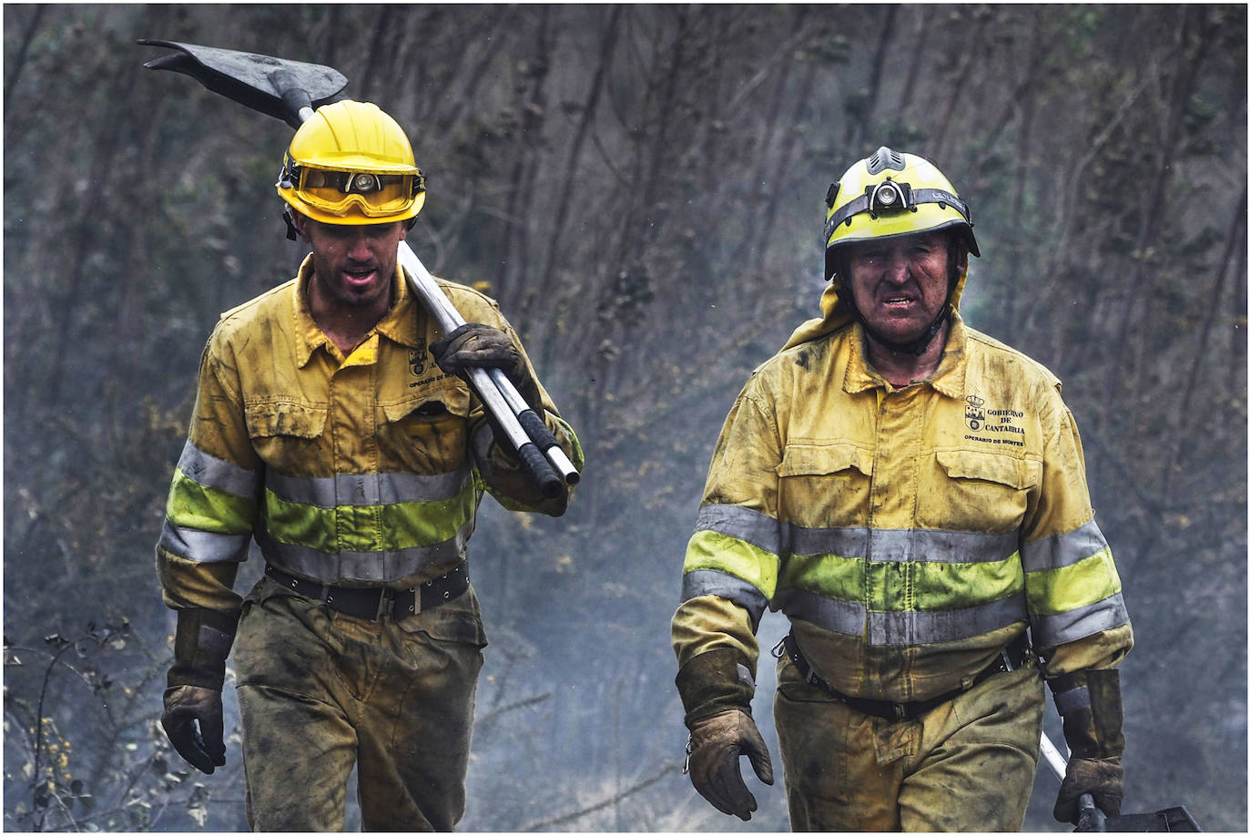 Los bomberos en el hábitat destruido