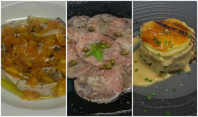 Imagen. Verdel marinado con vinagreta de mango y huevas de trucha (La Martintera); carpaccio de verdel con aderezos (La Tradicional); y terrina de chicharro escabechado (Peñón CQ).