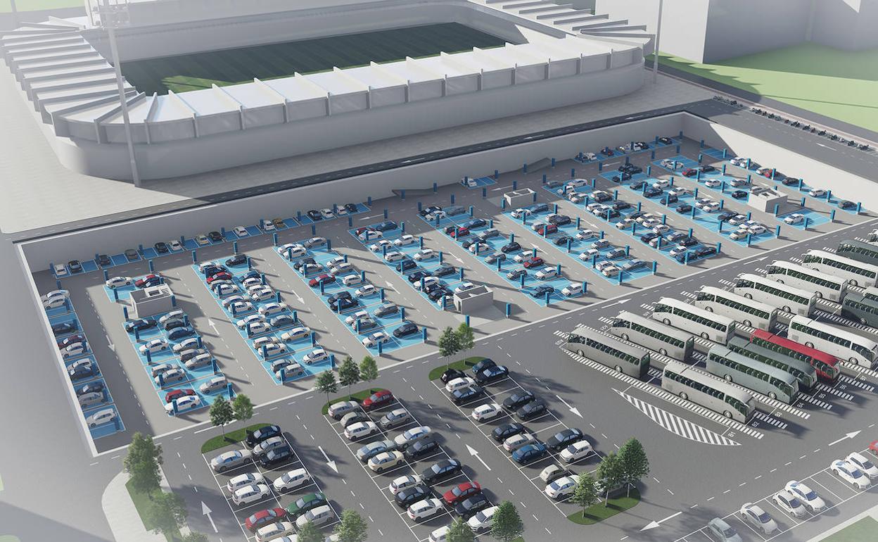 Infografía de cómo sería el futuro parking disuasorio, junto al campo de fútbol del Racing. 