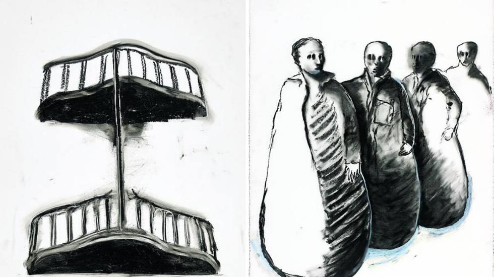 A la inzquierda: Juan Muñoz. 'Untitled (Double Balconies)', 1984.Óleo en barra sobre lámina de plástico transparente sobre papel70 x 50 cm. COLECCIÓN PARTICULAR. // A la derecha: Juan Muñoz. 'Untitled (Conversation Piece Figures, Group of 4)', 1992. Carboncillo y cera sobre papel. COLECCIÓ