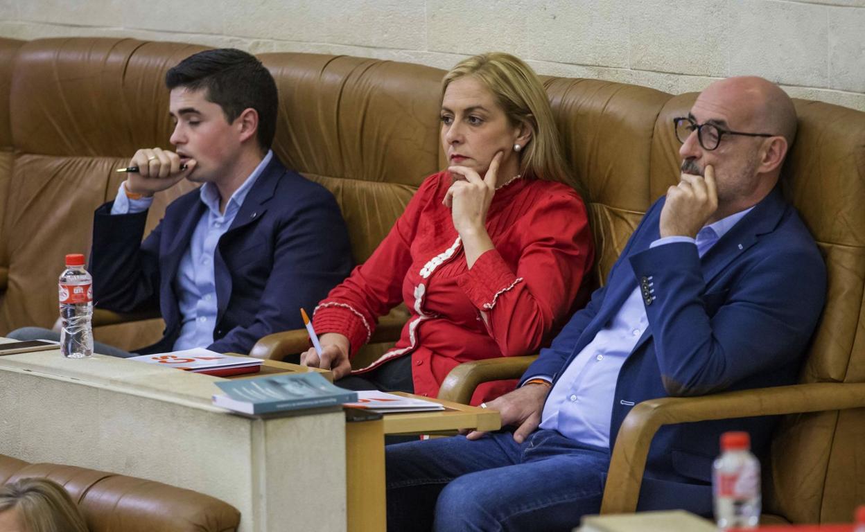 Los diputados Diego Marañón, Marta García y Félix Álvarez, de Ciudadanos, durante un Pleno en el Parlamento de Cantabria. 