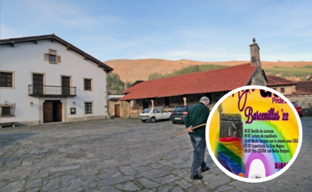 Vista de la plaza de Barcenillas y del cartel anunciador del I Agro-Gay Pride.