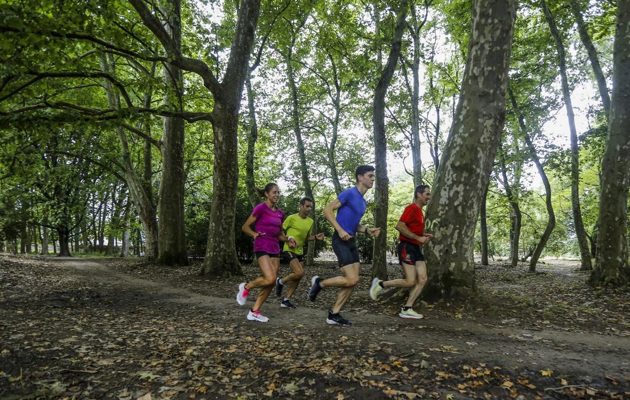 Un grupo de atletas entrena en el parque de Las Tablas, a inicios de julio, en Torrelavega. 