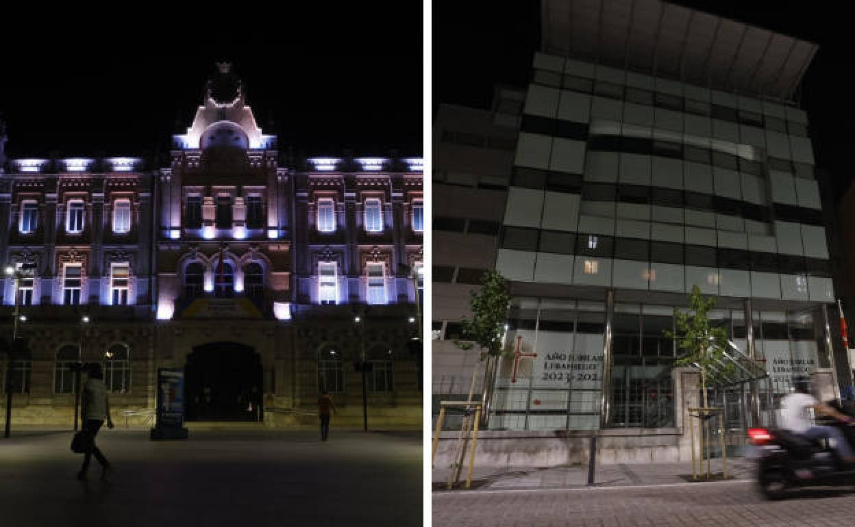 A la izquierda, el Ayuntamiento de Santander todavía iluminado después de las 12 de la noche. A la derecha, la sede del Gobierno, con las luces apagadas tal como marca el Gobierno central. 