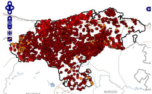 Mapa de las descargas eléctricas registradas ayer en Cantabria. 