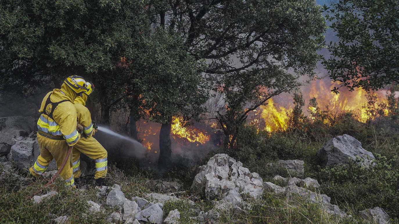 Imágenes tomadas esta noche por vecinos de Solares y de otros puntos, en las que se ven focos en terrenos de Sobremazas, San Vitores y Heras. Por la mañana, sigue habiendo bastantes focos activos y los bomberos forestales han tenido que entrar en propiedades particulares de Santiago de Cudeyo para poder acceder a algunos de los fuegos.